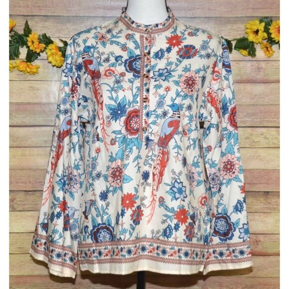 NWT Women M Tunic Blouse Shirt Colorful Peacock Print Loose Button Up Collarless - Picture 5 of 15